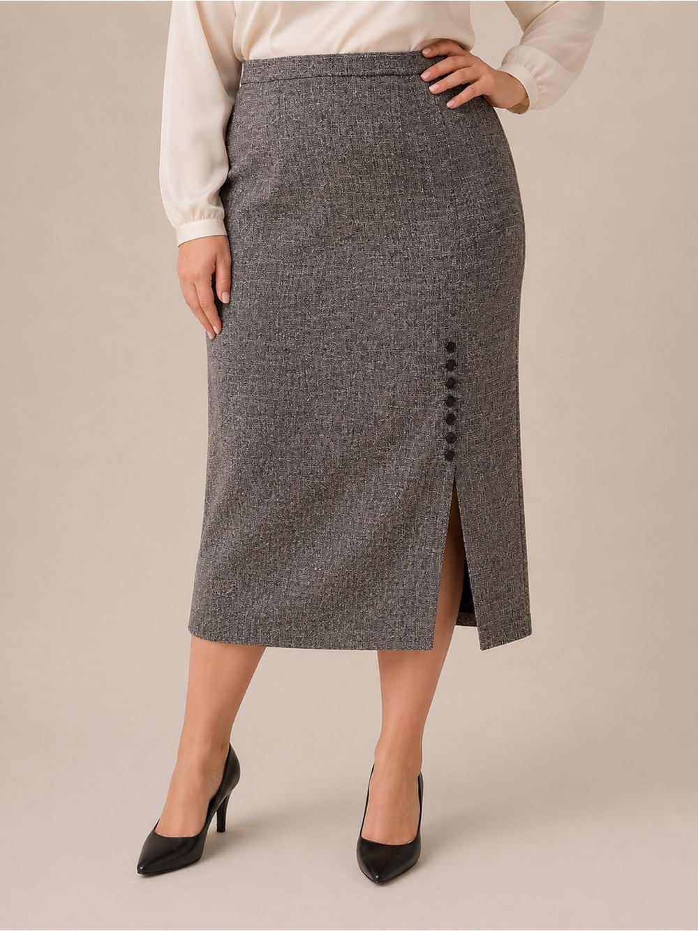 Jessica Plus Tweed Pencil Skirt – Size 24W – Button Detail Career Skirt